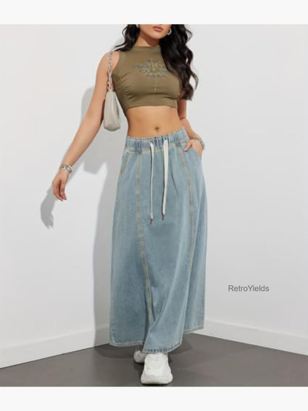 High Rise Flare Maxi Denim Skirt with Pockets, Elastic Waist, Bohemian Style - Picture 6 of 7